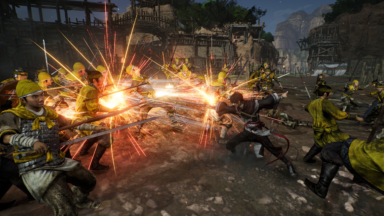 Screenshot of Dynasty Warriors: Origins (2025) showing the Wanderer's sword sparking while battling enemies.