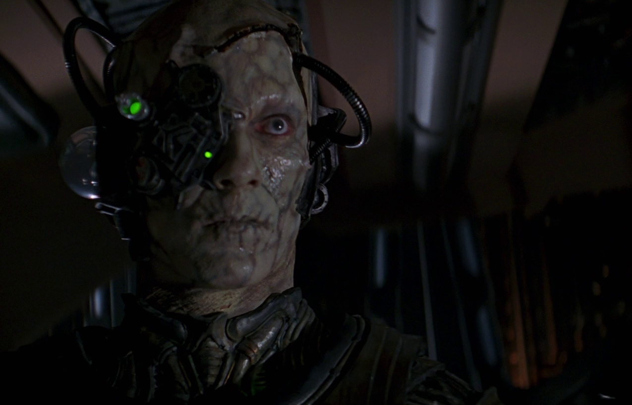 Still frame from Star Trek: First Contact showing a borg drone.