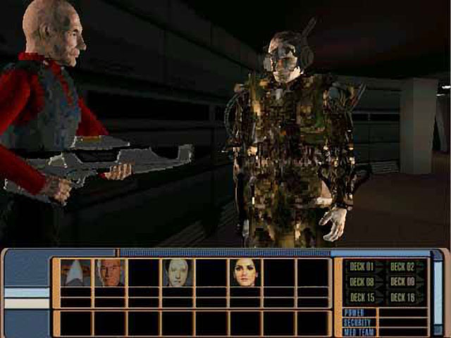 Pre-release screenshot of Star Trek: First Contact showing Picard and a Borg.