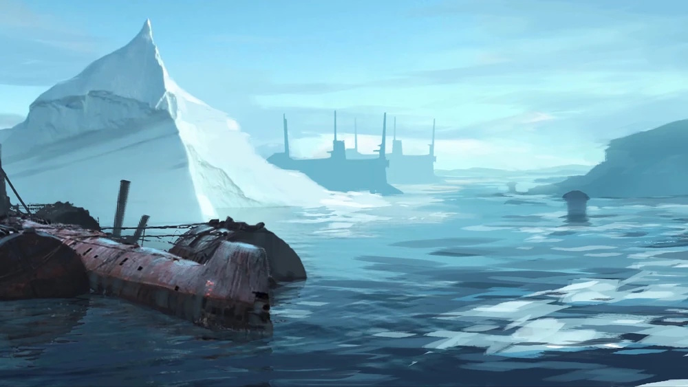 Concept art for Half-Life 2, Episode 3 showing an icy environment and a shipwreck.