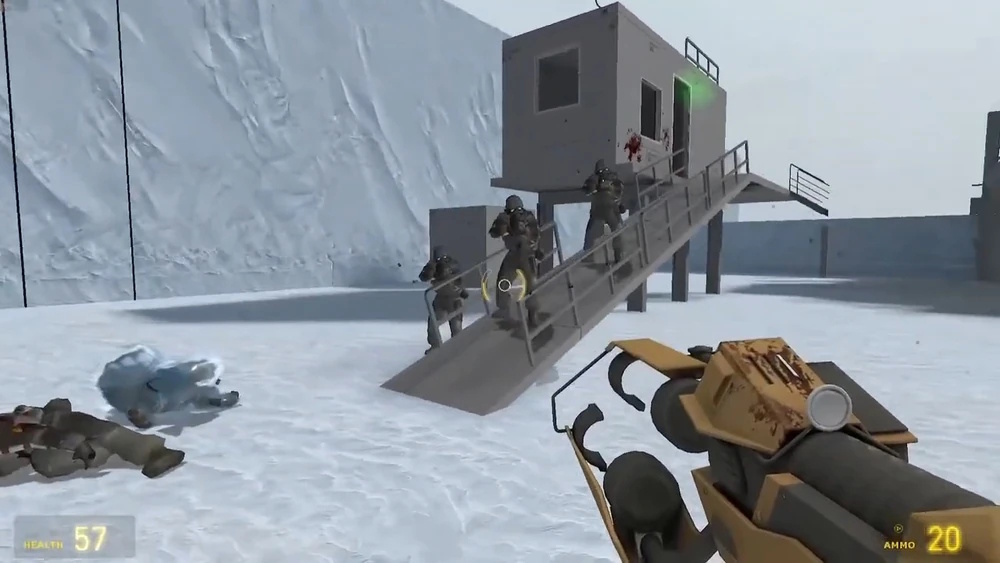 Pre-release screenshot for Half-Life 2, Episode 3 showing a first-person perspective, an icy environment, and several enemies.