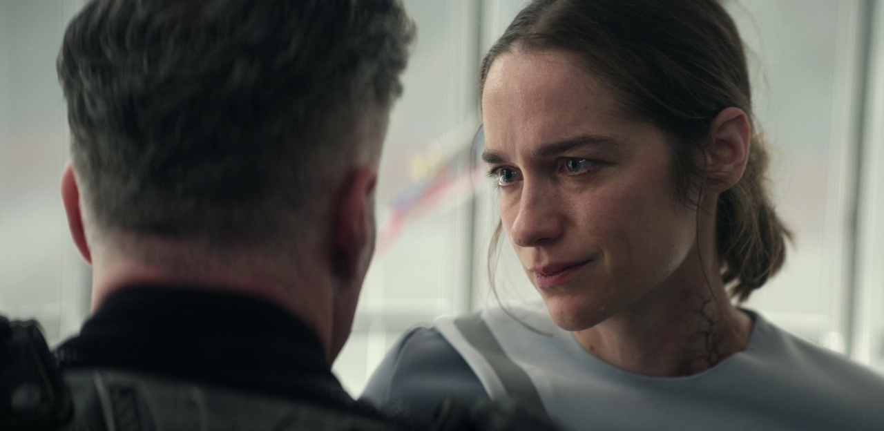 Still frame from Star Trek: Strange New Worlds 3x01: Hegemony, Part II, showing Captains Pike and Batel in sickbay.