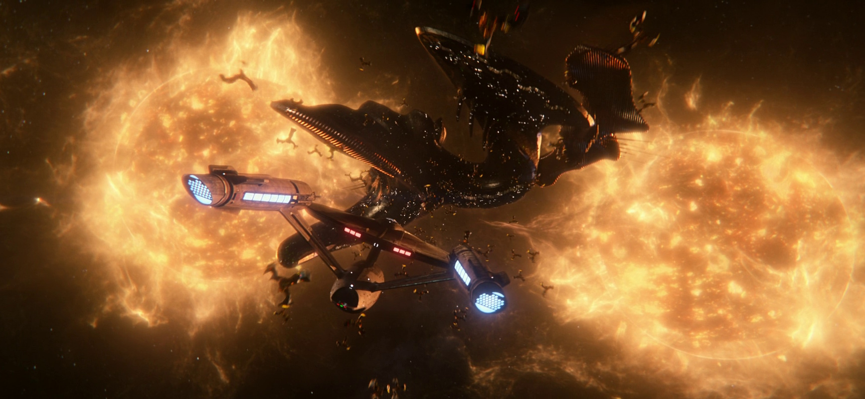 Still frame from Star Trek: Strange New Worlds 3x01: Hegemony, Part II, showing the Enterprise approaching the Gorn armada.