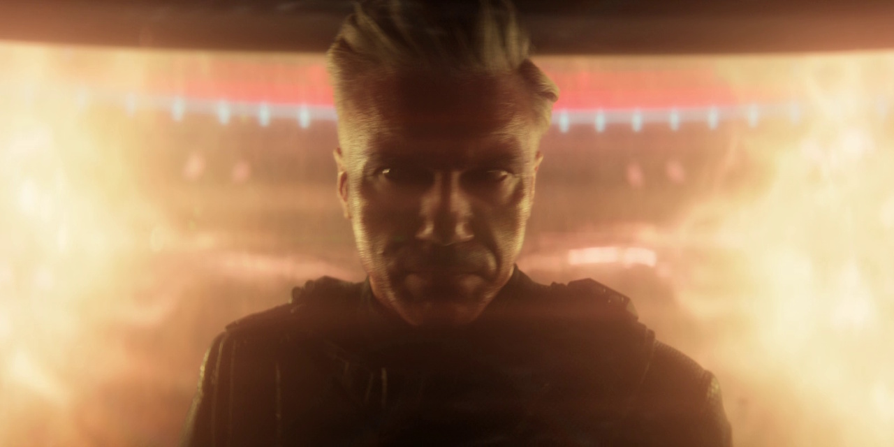 Still frame from Star Trek: Strange New Worlds 3x01: Hegemony, Part II, showing Captain Pike on the bridge.