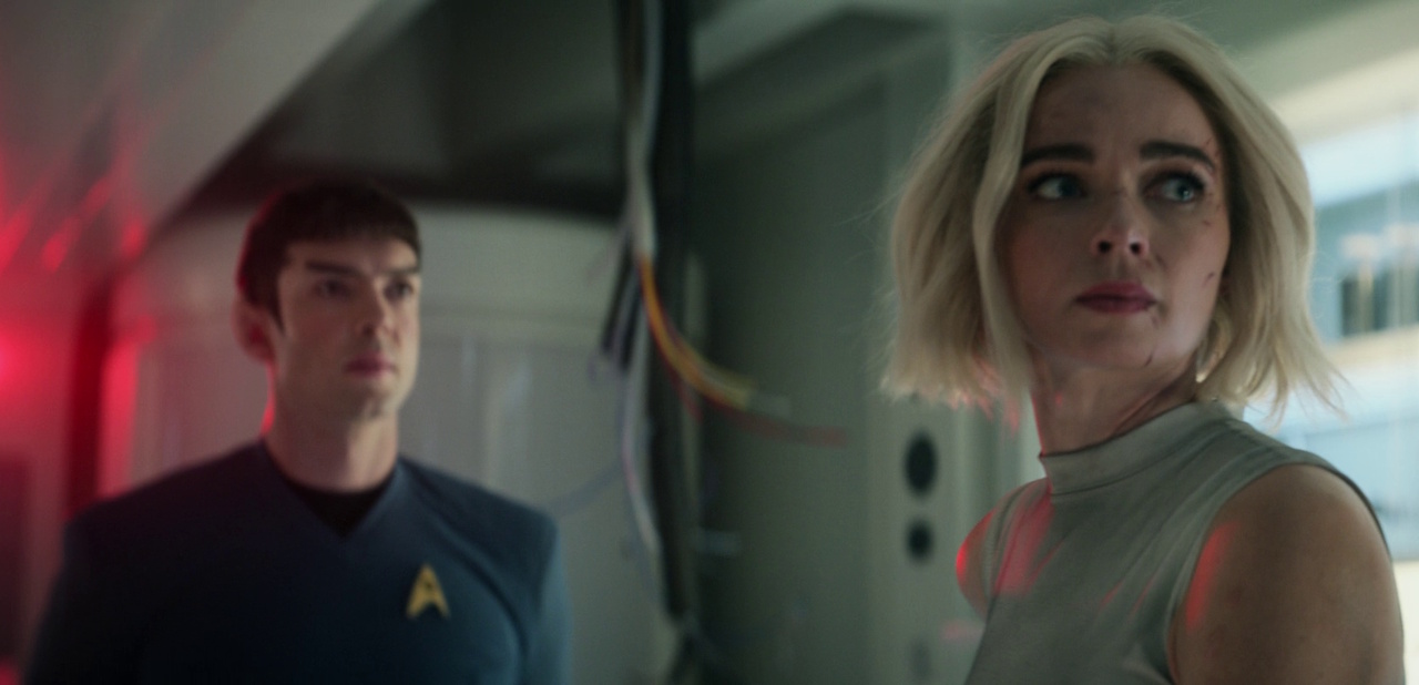 Still frame from Star Trek: Strange New Worlds 3x01: Hegemony, Part II, showing Spock and Nurse Chapel.