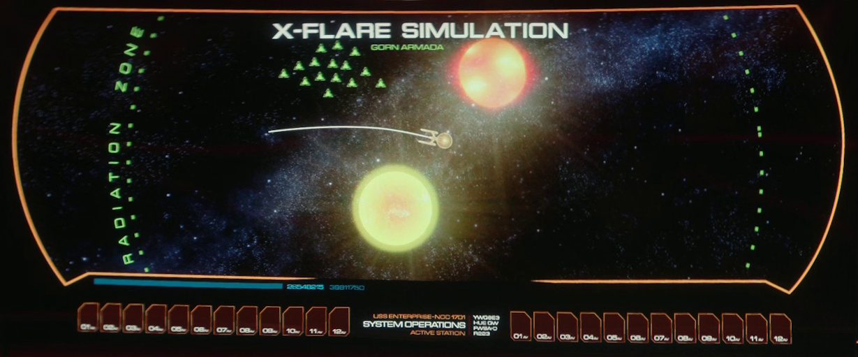 Still frame from Star Trek: Strange New Worlds 3x01: Hegemony, Part II, showing the computer simulation of Scotty's plan.