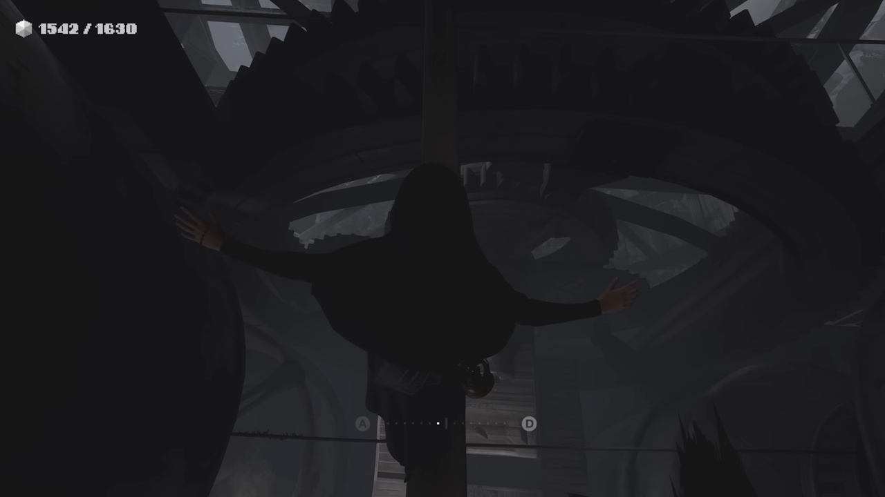 Screenshot of Indika (2024) showing Indika balancing on a board.