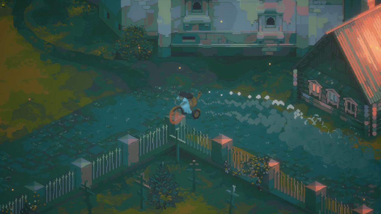 Screenshot of Indika (2024) showing the flashback bike race.