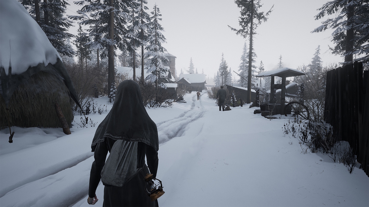 Promotional screenshot of Indika (2024) showing Indika walking on a snowy path.