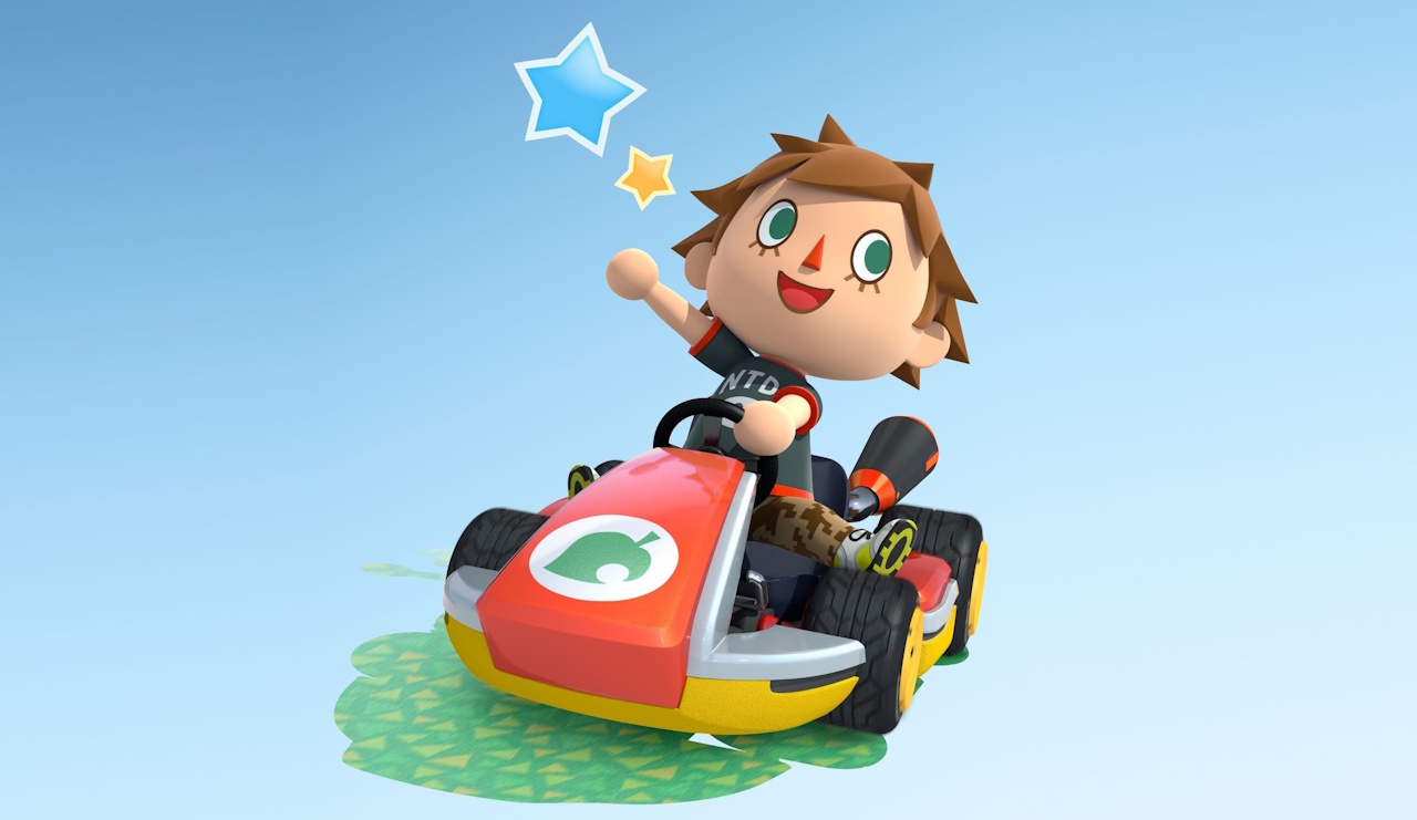 Promo image for Mario Kart 8 showing the Animal Crossing Villager character in a kart.