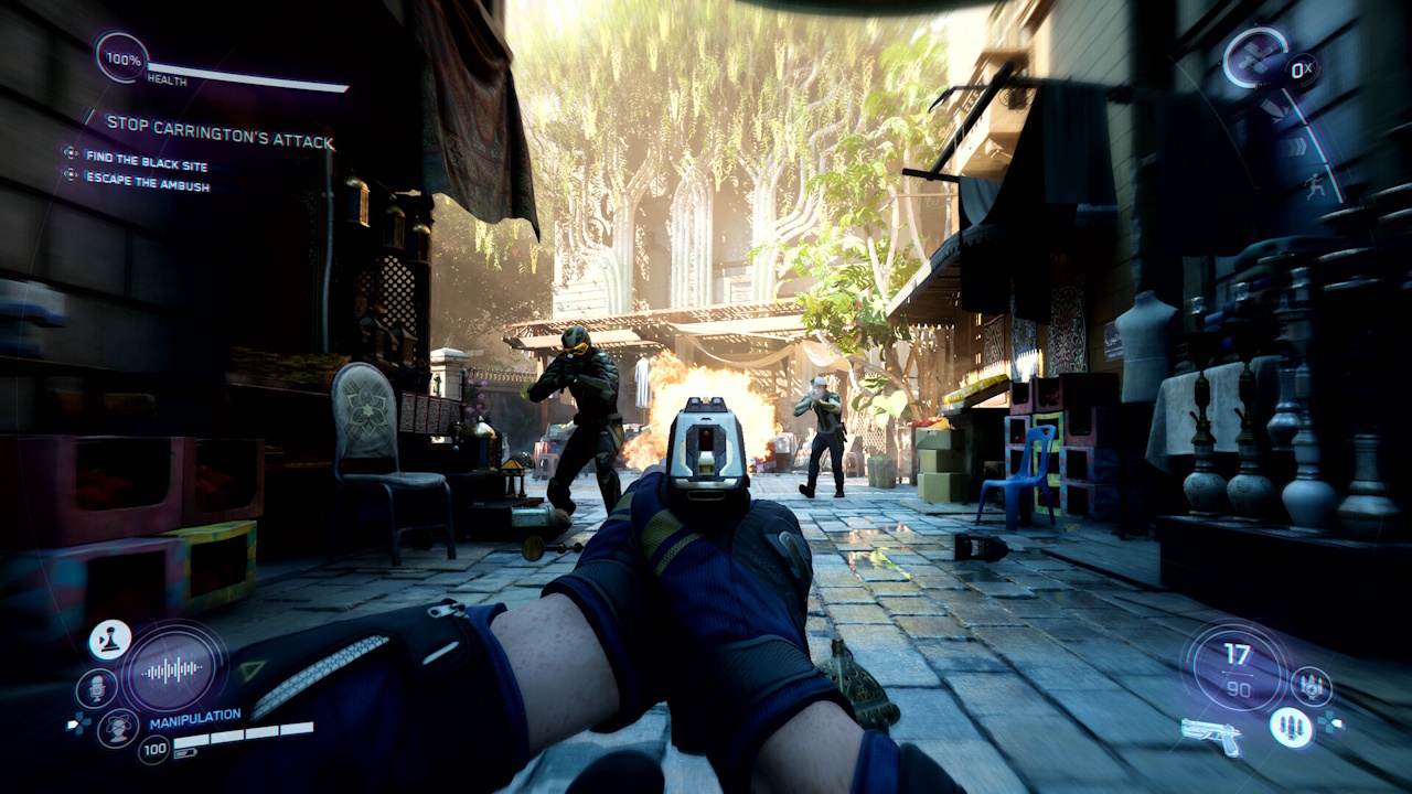 Screenshot of Perfect Dark showing the player character sliding in combat.