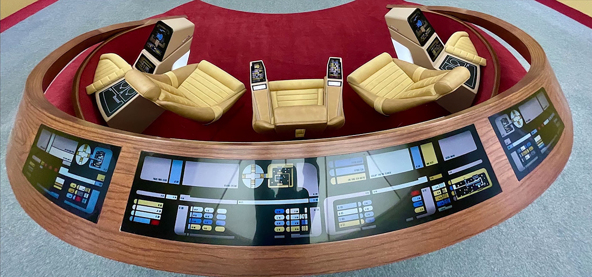 Behind-the-scenes photo from Star Trek: Picard S3 showing the centre console and tactical station of the Enterprise-D.