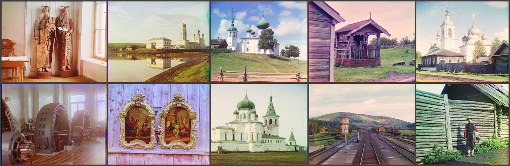 Collage of ten Prokudin-Gorskii colour photographs, depicting a variety of scenes in Russia in the 1910s.