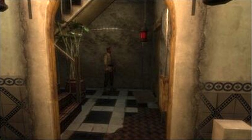 Leaked screenshot of Rockstar's Agent showing a character at the foot of a staircase.