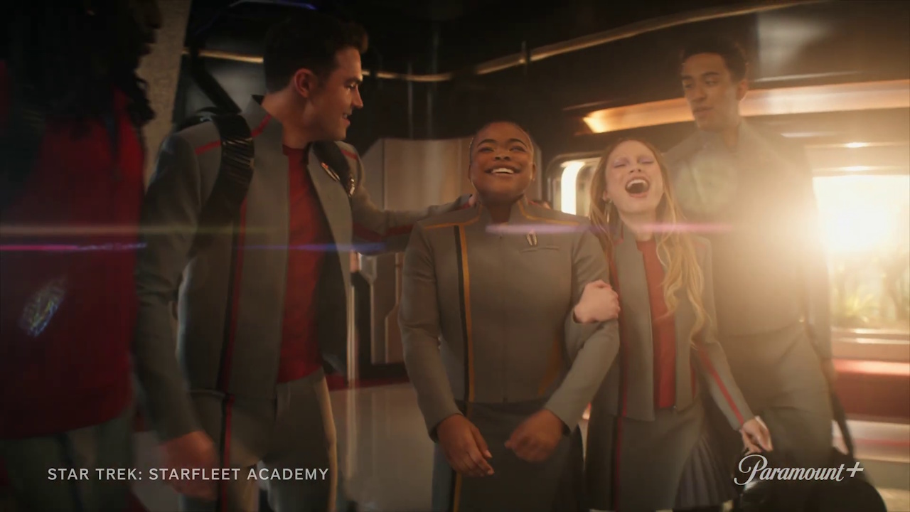 Still frame from the Star Trek: Starfleet Academy trailer showing the main cadets laughing together.