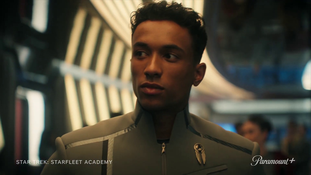 Still frame from the Star Trek: Starfleet Academy trailer showing a close-up of one of the cadets.