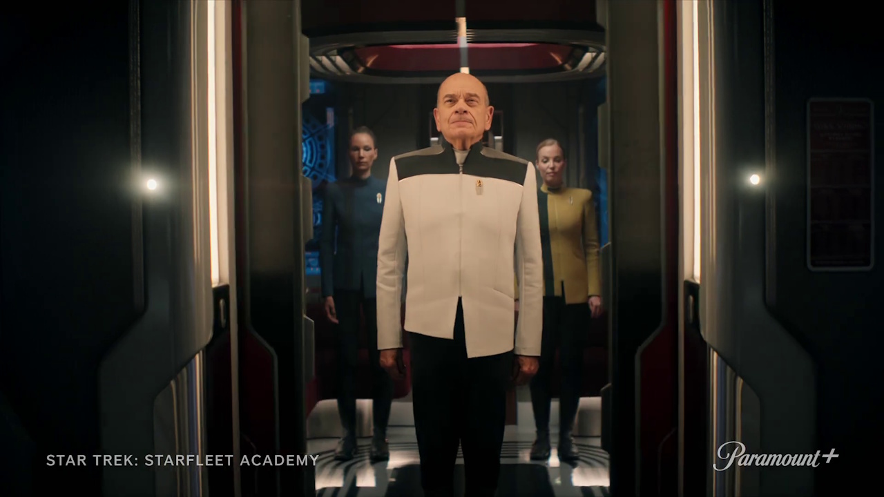 Still frame from the Star Trek: Starfleet Academy trailer showing the Doctor emerging from a turbolift.
