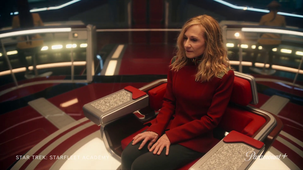 Still frame from the Star Trek: Starfleet Academy trailer showing Captain Ake in the captain's chair.