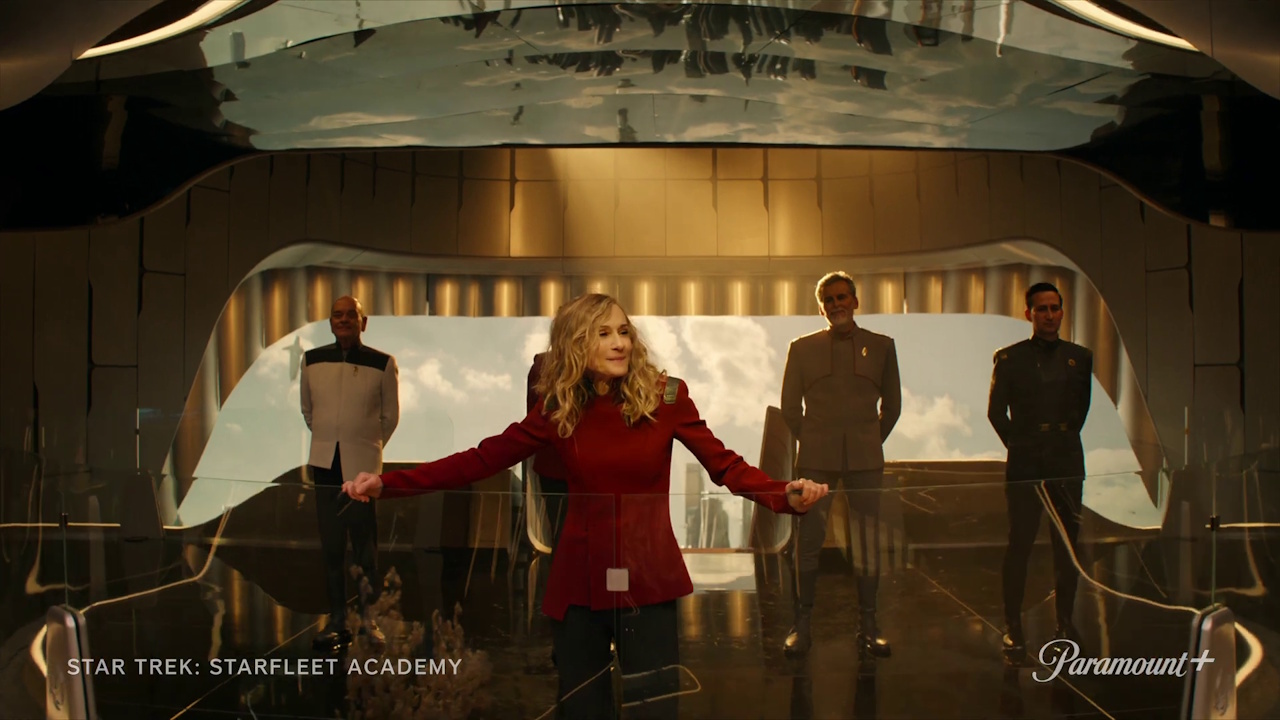 Still frame from the Star Trek: Starfleet Academy trailer showing Captain Ake, Admiral Vance, the Doctor, an an unnamed character.