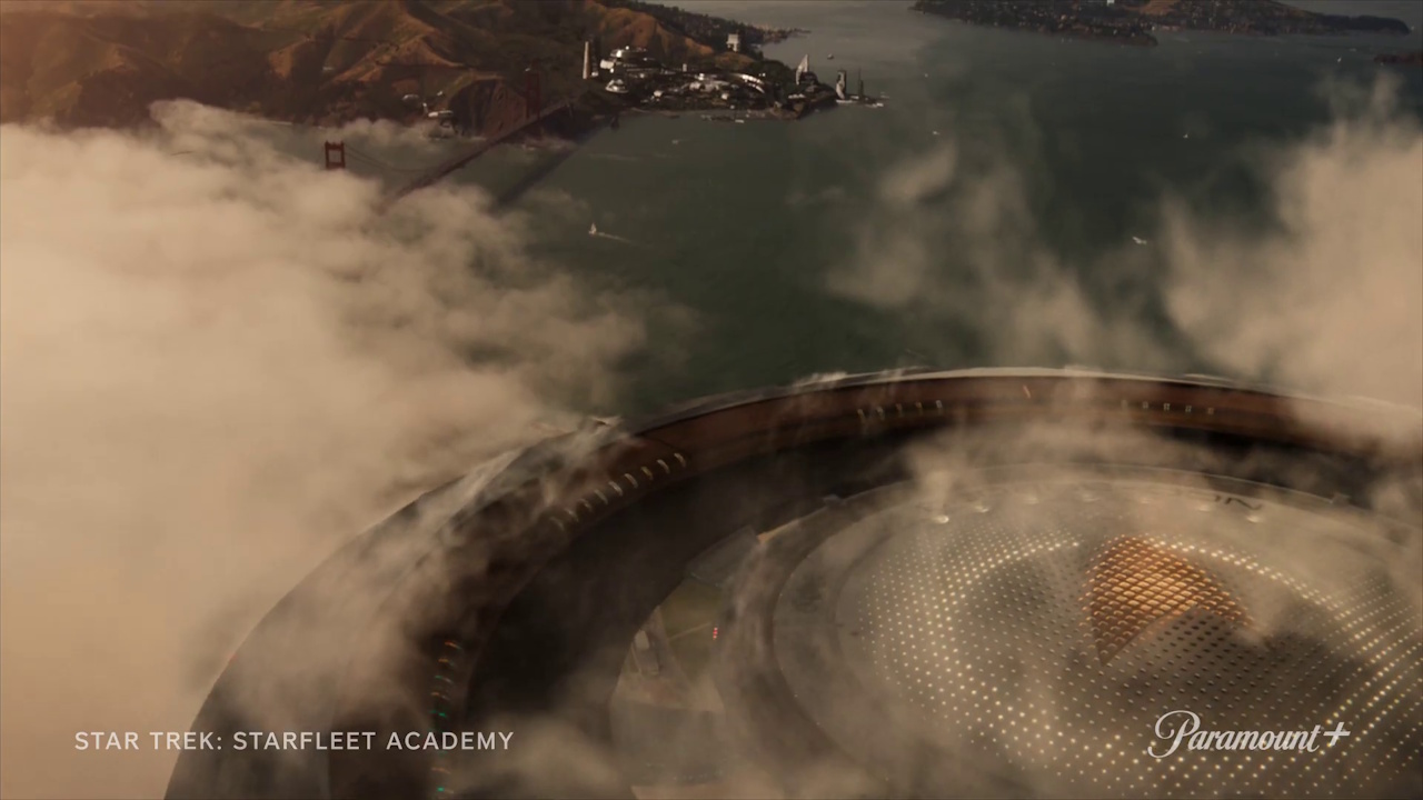 Still frame from the Star Trek: Starfleet Academy trailer showing the USS Athena and Starfleet Academy.