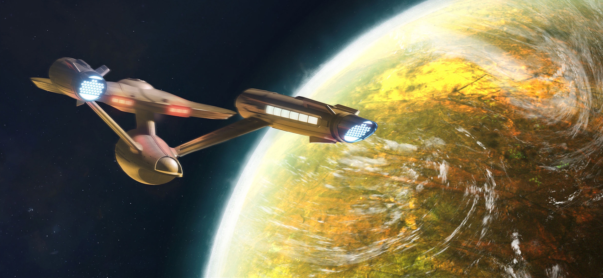 Concept art for Star Trek: Strange New Worlds showing the Enterprise in orbit of a planet.