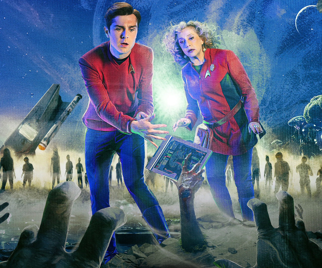Cropped promo poster for Star Trek: Strange New Worlds Season 3 showing Scotty and Pelia surrounded by zombies.