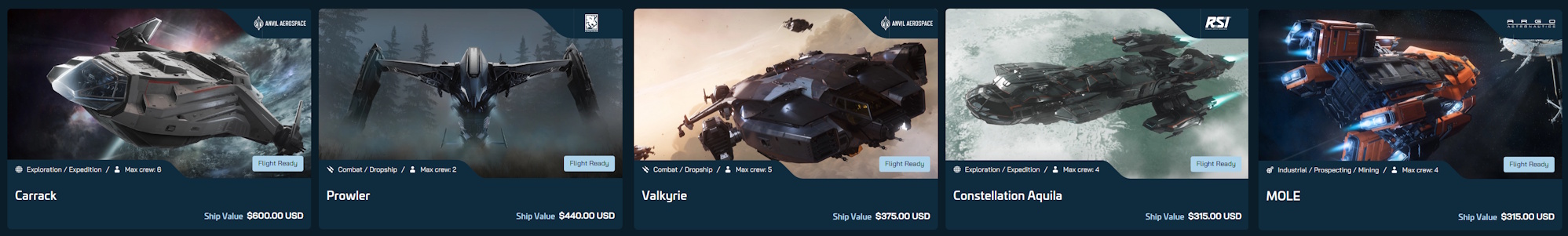 Several DLC spaceships from Star Citizen's webstore.