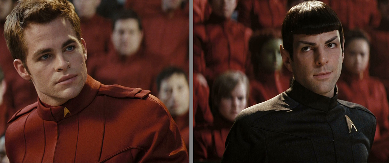 Two still frames from Star Trek 2009 stitched together, with Cadet Kirk on the left and Commander Spock on the right.