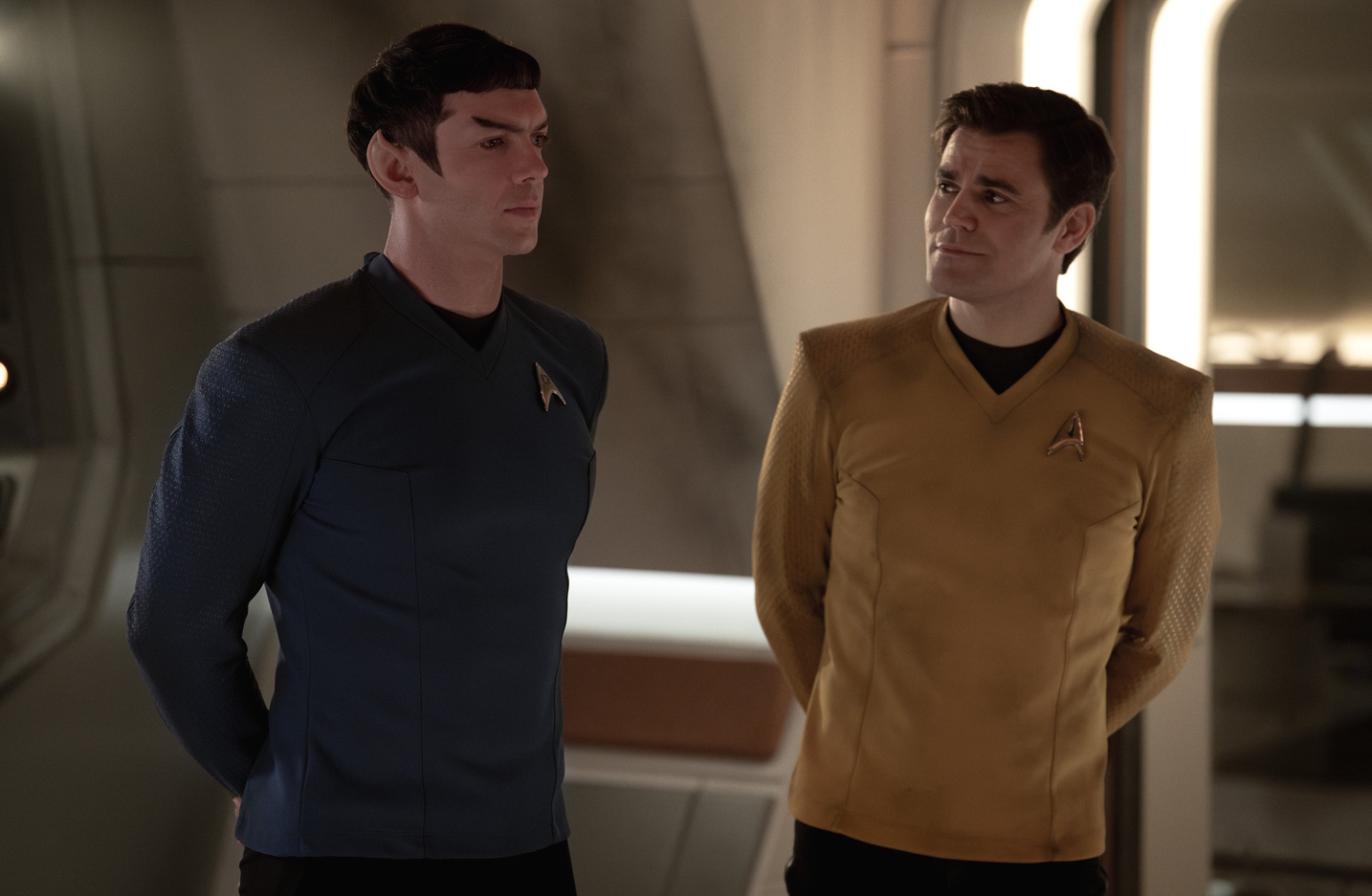 Promo still from Star Trek: Strange New Worlds Season 3 showing Spock and Kirk.