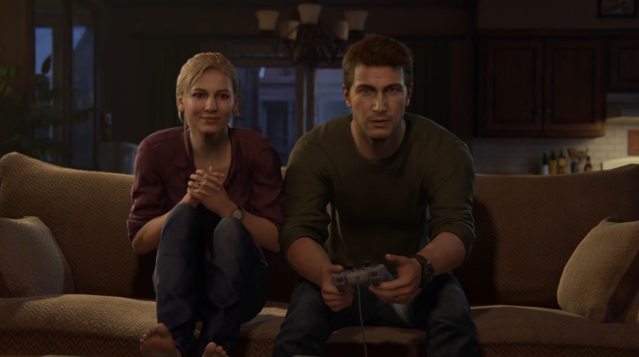 Screenshot from Uncharted 4 showing Elena and Nate playing on a PlayStation console.
