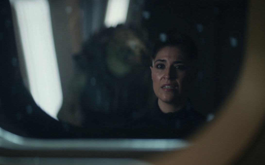 Still frame from Star Trek: Strange New Worlds 3x02 Wedding Bell Blues showing Ortegas being "haunted" by her Gorn encounter.