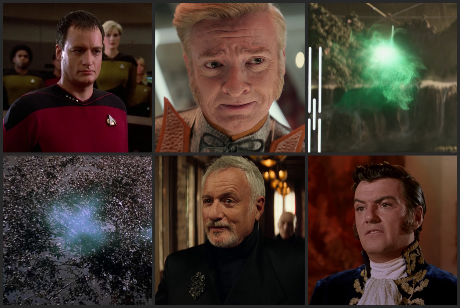 Six still frames from a selection of Star Trek episodes. Top line L:R Q in Encounter at Farpoint, Trelane in Wedding Bell Blues, Trelane in his energy cloud form in Wedding Bell Blues. Bottom line L-R: Trelane's father in Squire of Gothos, Q in Picard Season 2, and Trelane in Squire of Gothos.