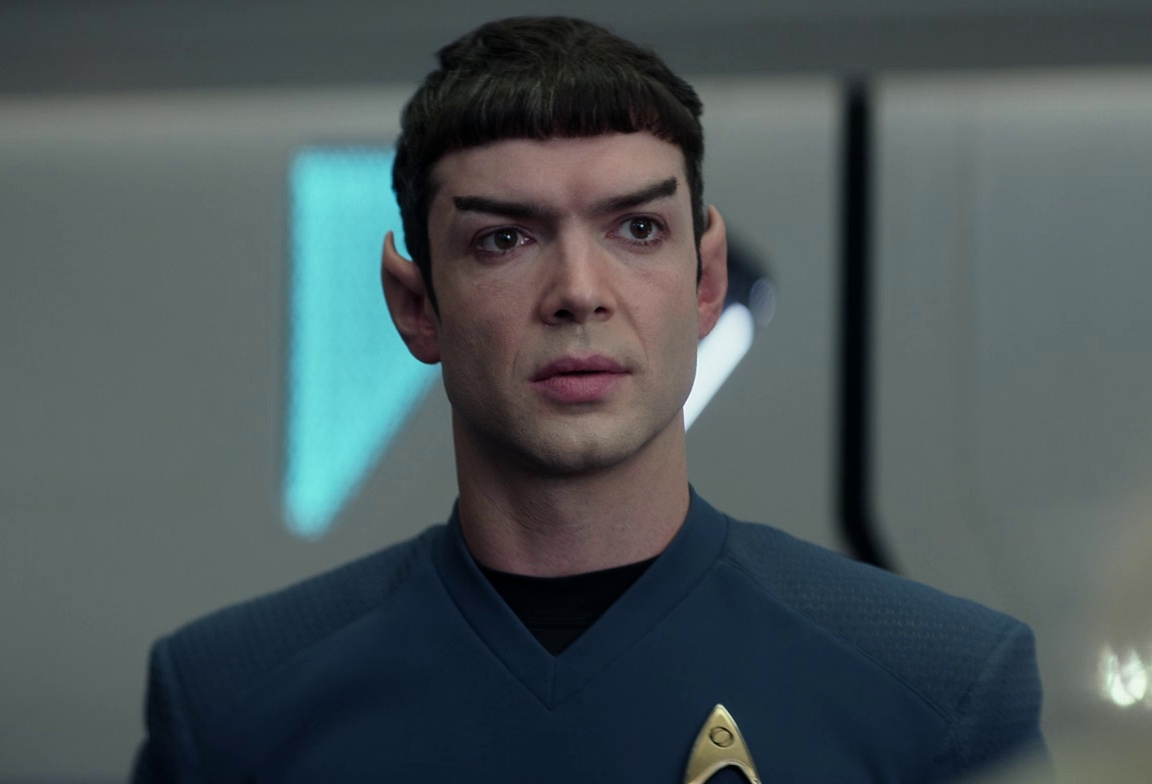Still frame from Star Trek: Strange New Worlds 3x02 Wedding Bell Blues showing Spock at the start of the episode.