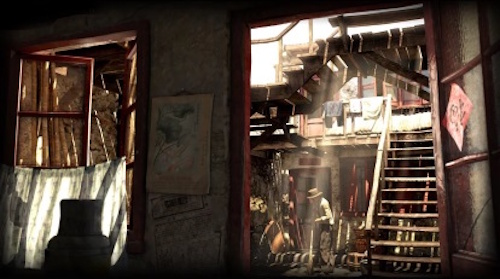 Leaked screenshot of Whore of the Orient showing a man, a staircase, and a window.