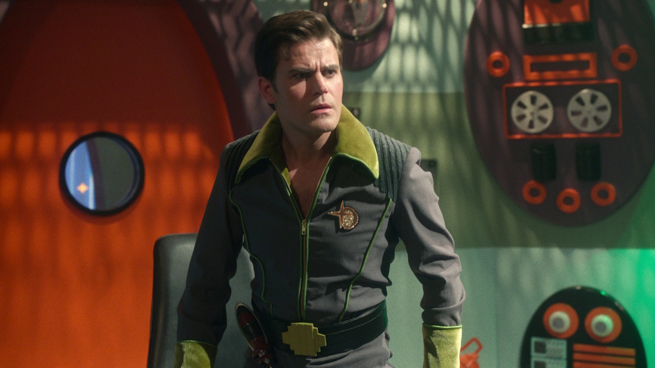 Still frame from Star Trek: Strange New Worlds 3x04 "A Space Adventure Hour," showing the Kirk/Shatner parody from the opening sequence.