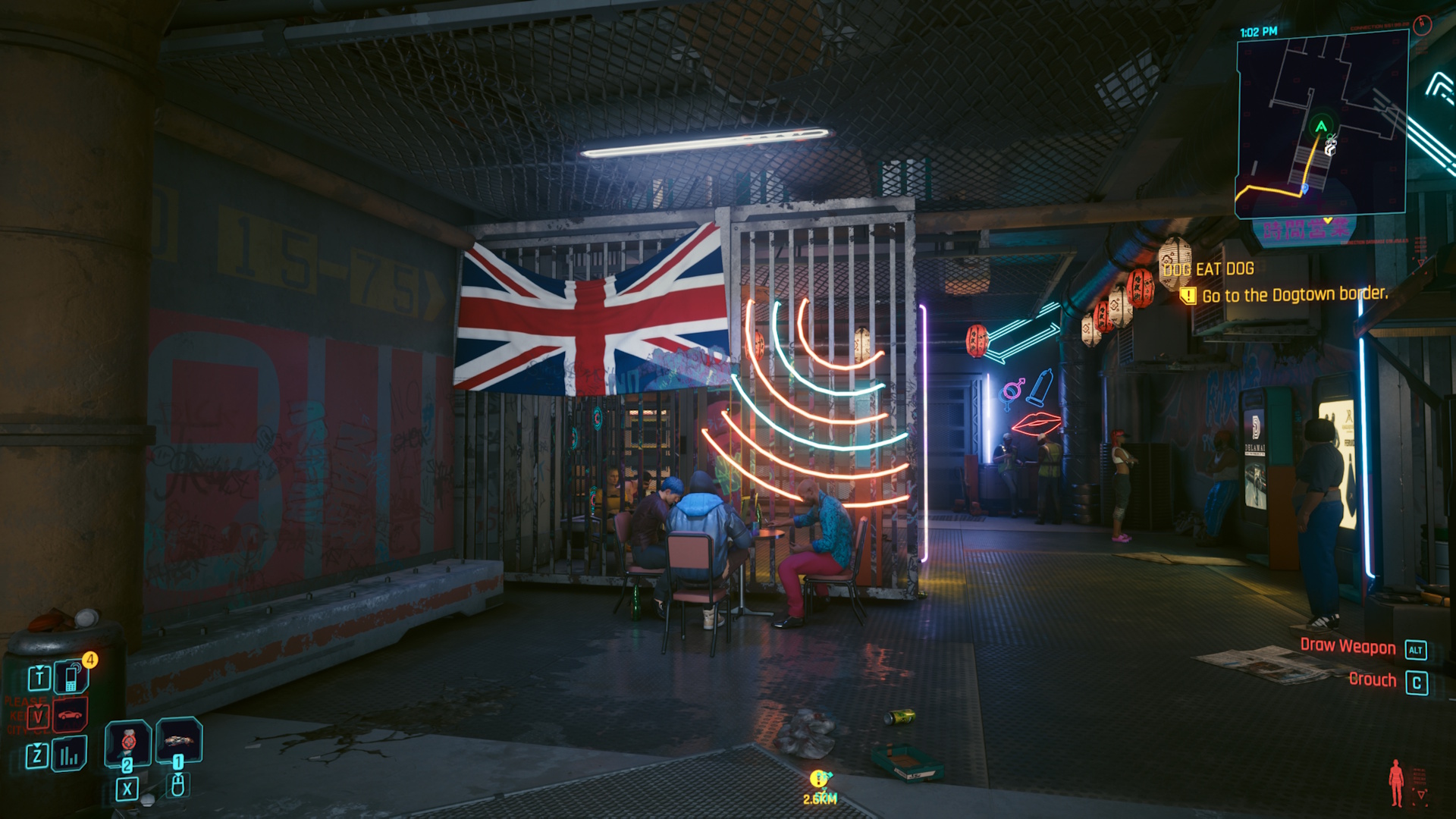 Screenshot of a modded Cyberpunk 2077 (2020) showing the interior of a megabuilding with a prominently displayed UK flag.