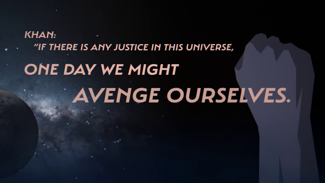 Still frame from the Star Trek: Khan trailer showing a quote from Khan and a raised fist.