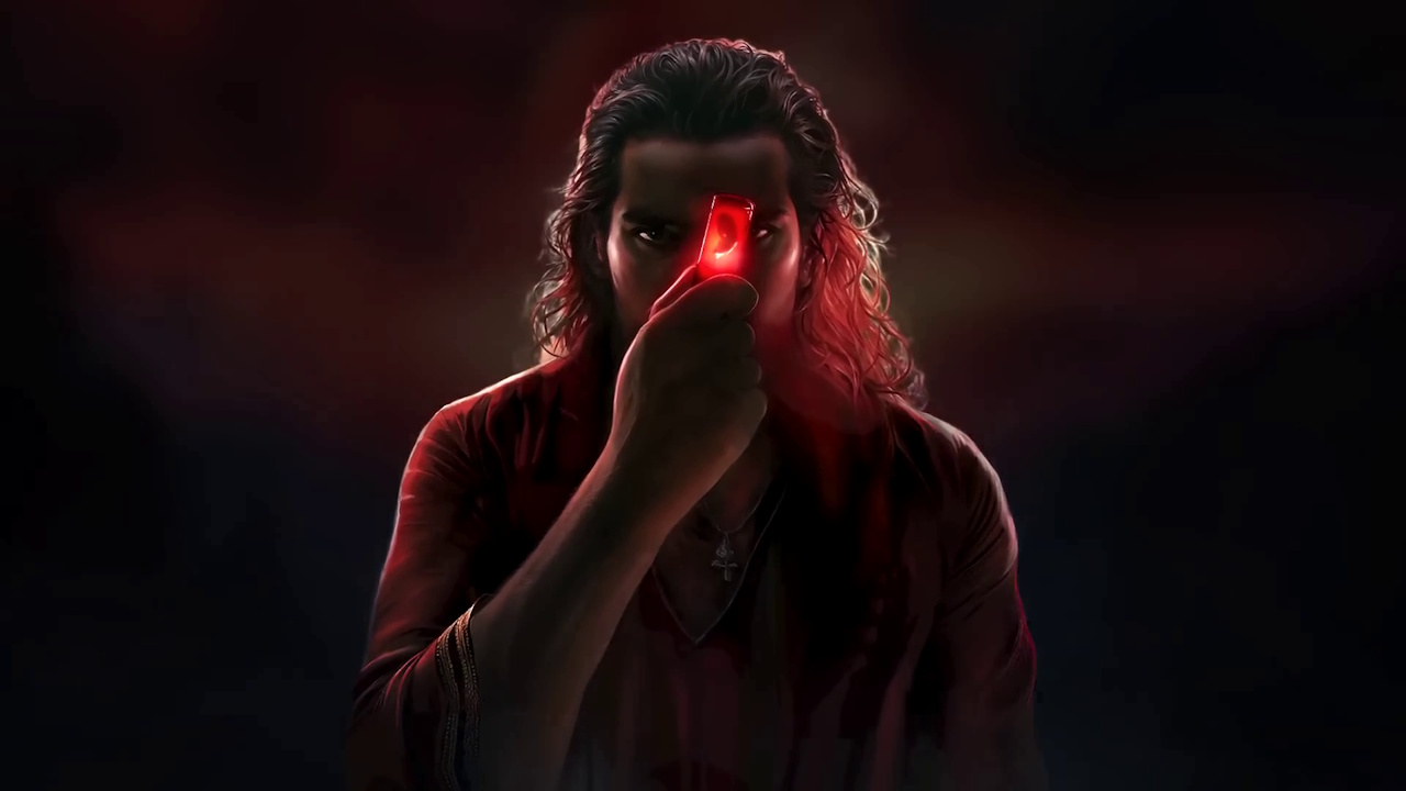 Still frame from the Star Trek: Khan trailer showing Khan holding a Ceti eel.