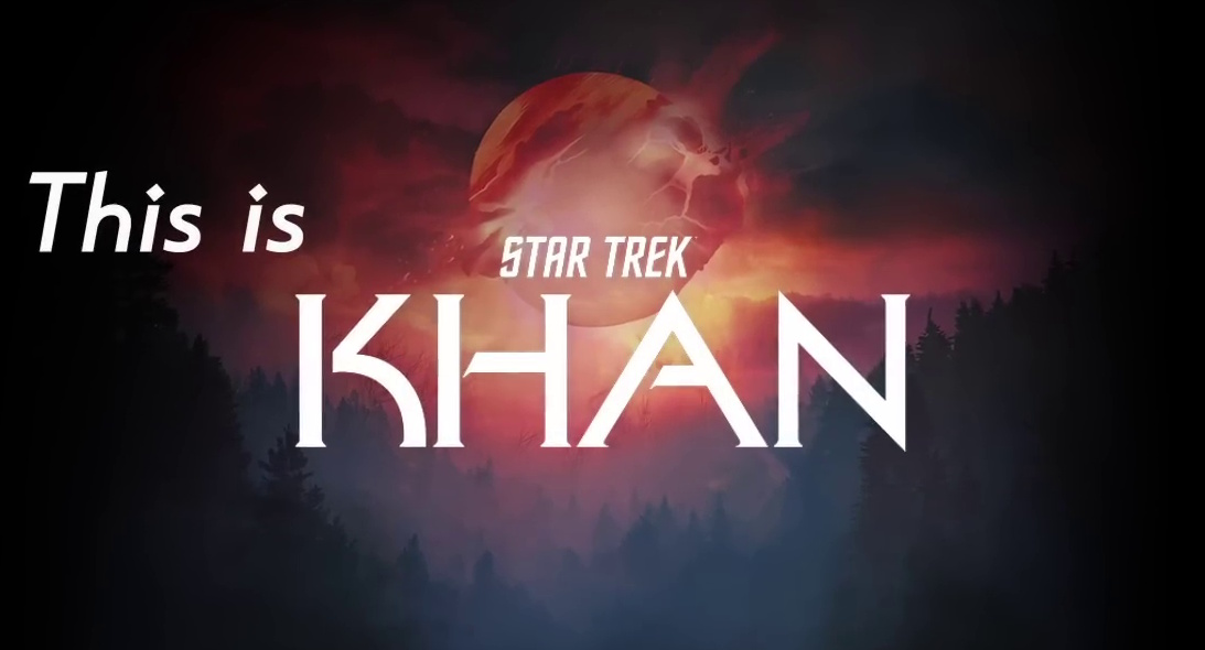 Still frame from the Star Trek: Khan trailer showing the audio drama's title.