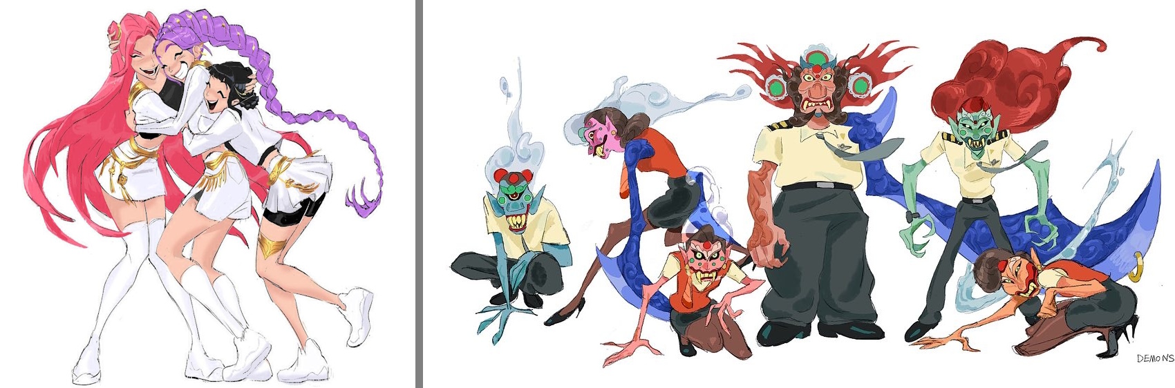 Concept art for KPop Demon Hunters; Huntr/x on the left, demons on the right.