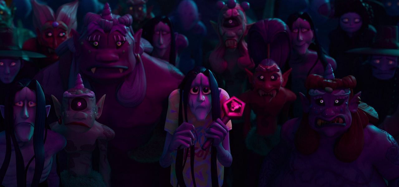 Still frame from KPop Demon Hunters (2025) showing a crowd of demons in the underworld.