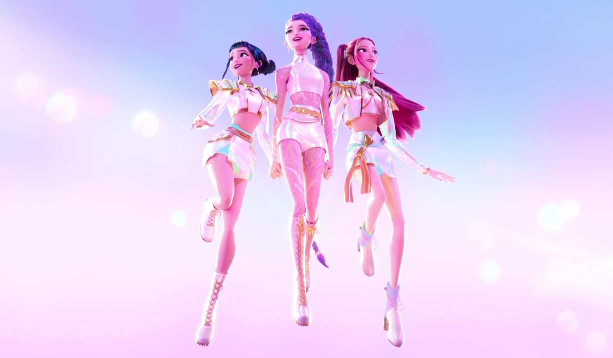 Still frame from KPop Demon Hunters (2025) showing Huntr/x floating in the air.