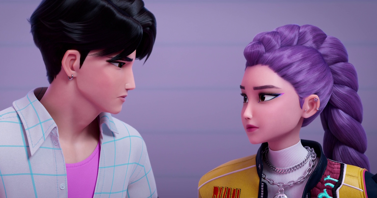 Still frame from KPop Demon Hunters (2025) showing Jinu and Rumi.