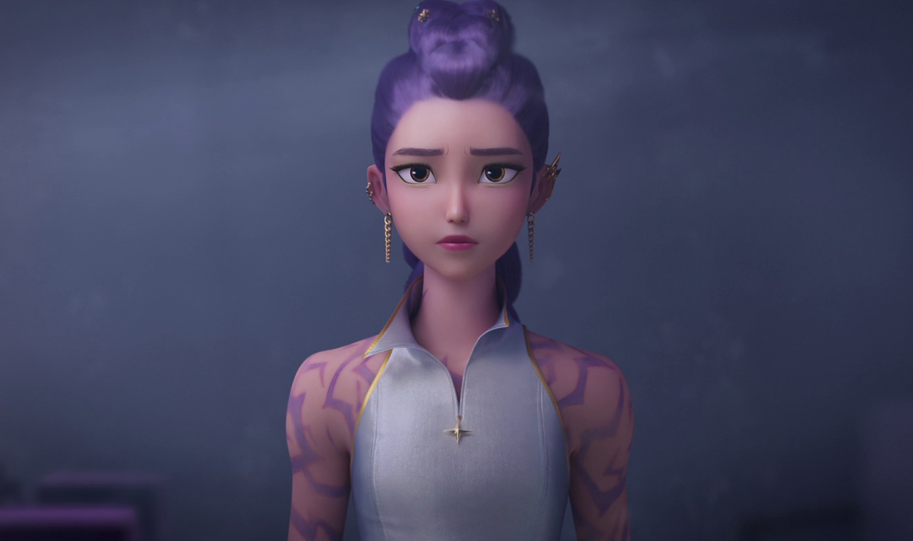 Still frame from KPop Demon Hunters (2025) showing Rumi with her demonic patterns.