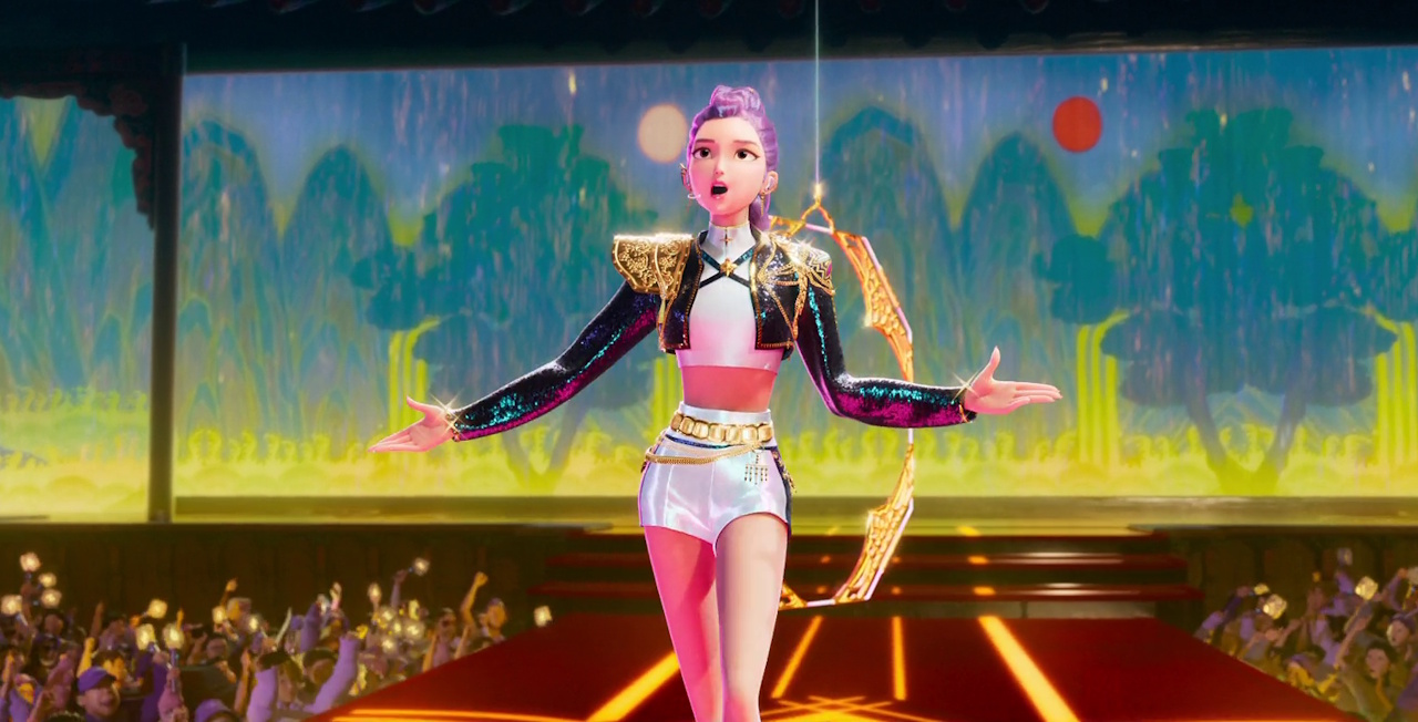 Still frame from KPop Demon Hunters (2025) showing Rumi singing.