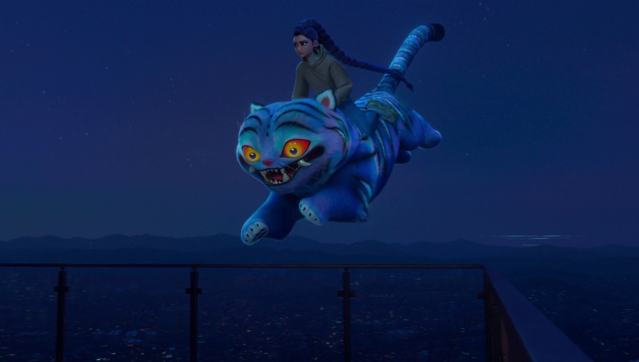 Still frame from KPop Demon Hunters (2025) showing Rumi riding on the tiger.