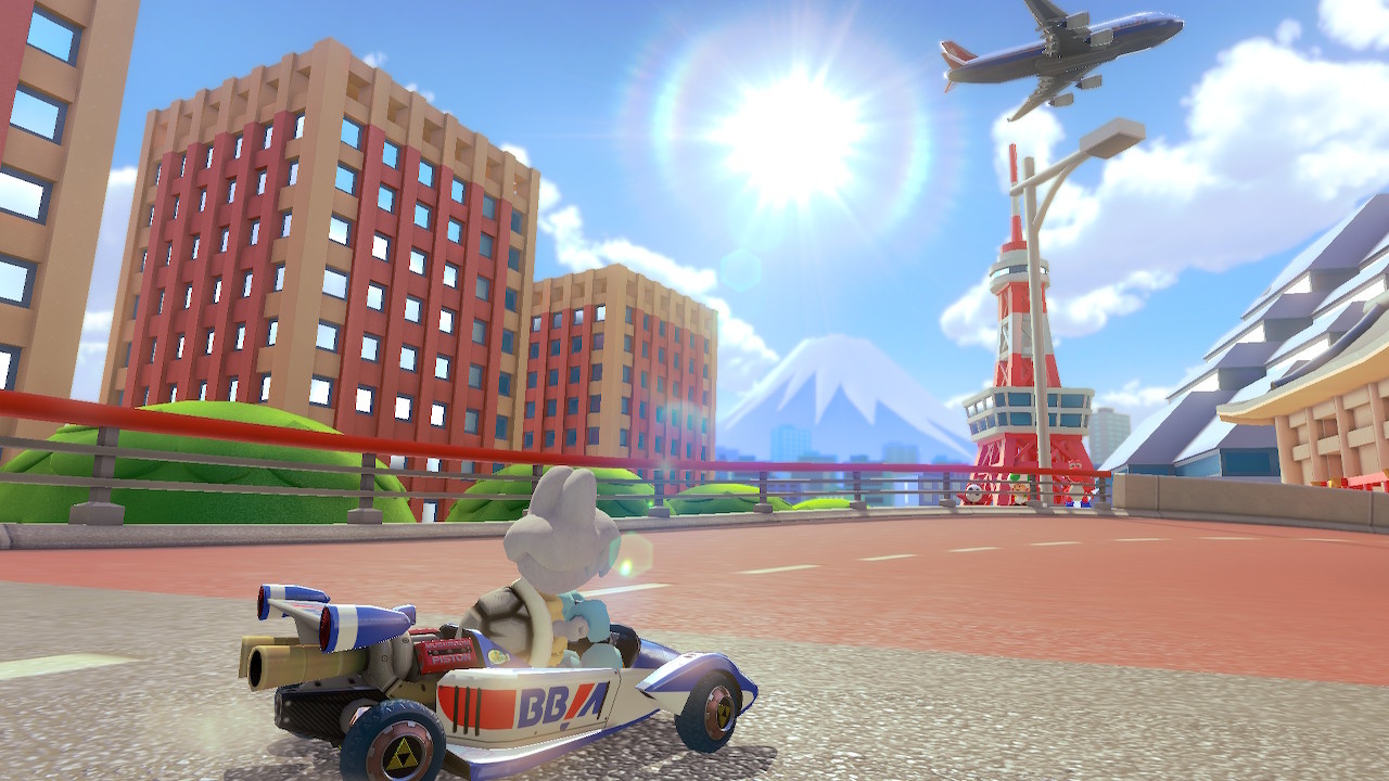 Screenshot of Mario Kart 8 Deluxe showing Dry Bones on Tokyo Blur.