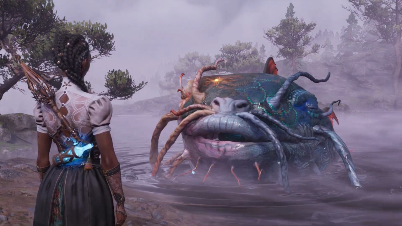 Screenshot from South of Midnight (2025) showing Hazel speaking to Catfish in a cut-scene.