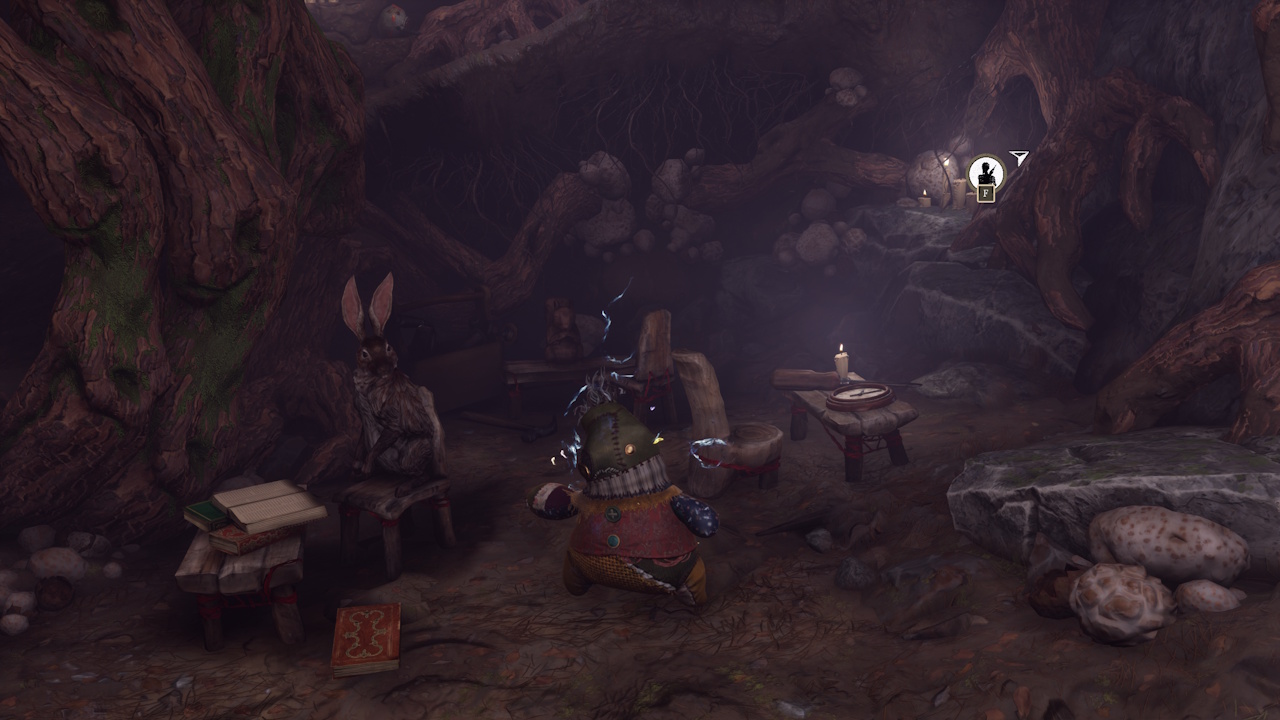 Screenshot from South of Midnight (2025) showing Crouton and a hare in a burrow.