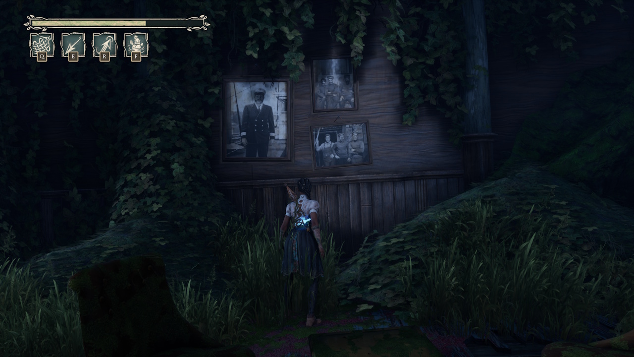 Screenshot from South of Midnight (2025) showing Hazel on the slave-ship looking at some photographs.